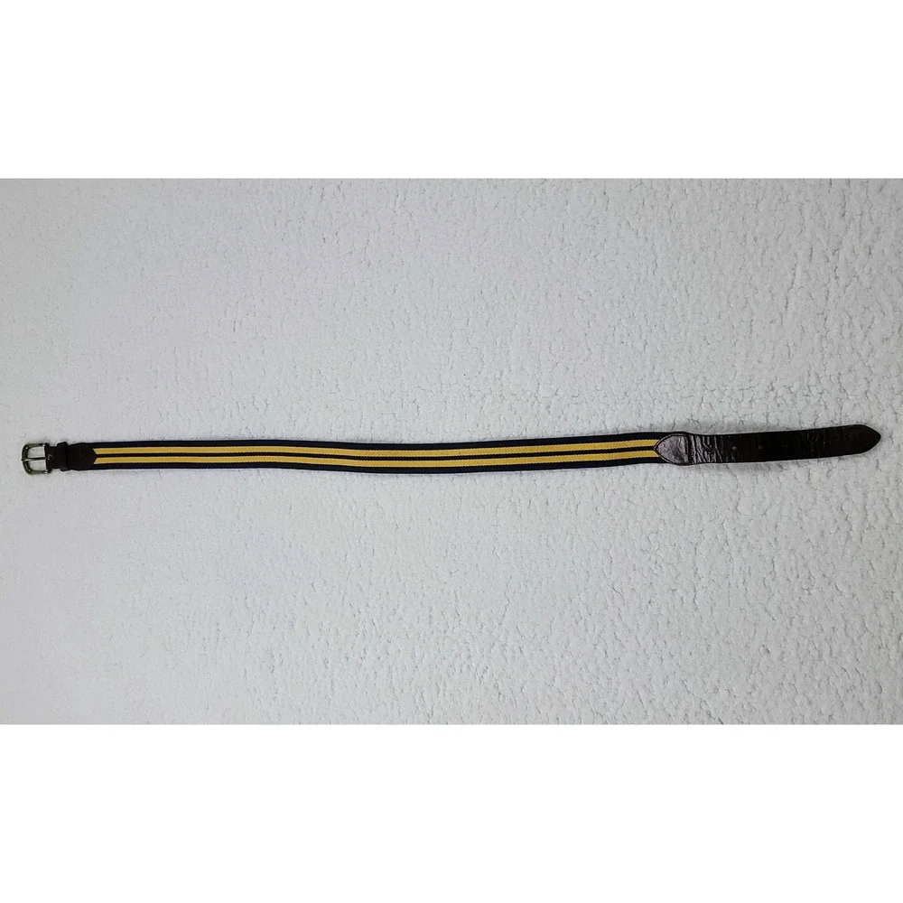 Cremieux Webbed Striped Belt Mens 38 Navy Yellow Leather Trim Brass Buckle Woven